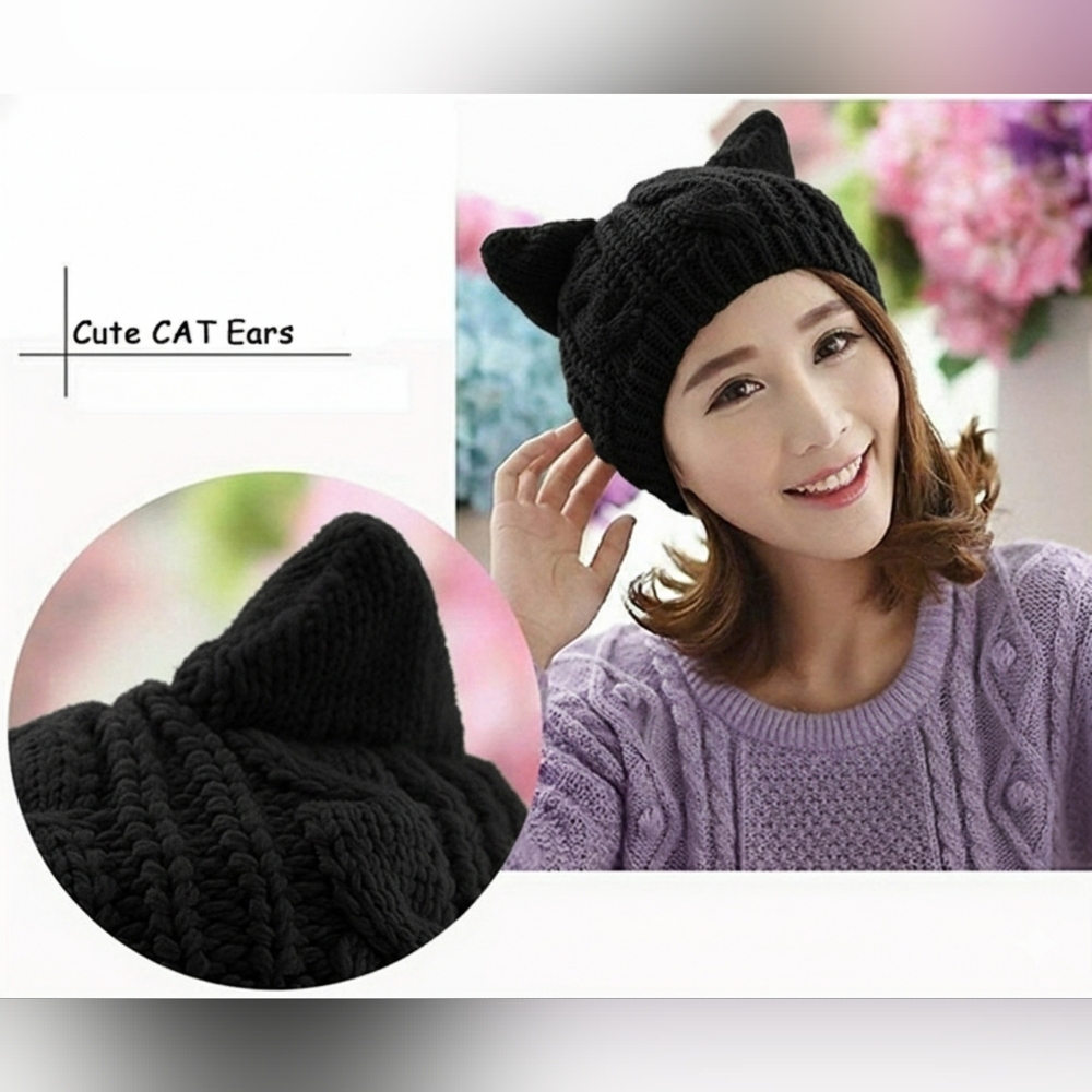 Black Knit Cat Ear Beanie - Picture 2 of 7
